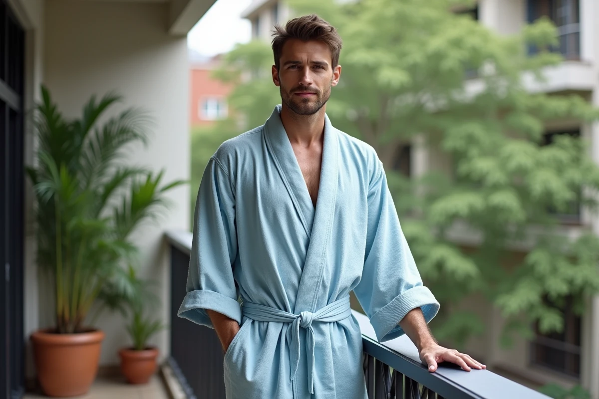 Homme en robe en coton sur un balcon ombrage avec plantes