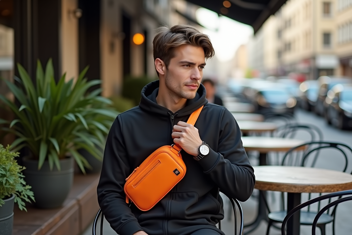 Homme avec sac banane orange dans un café en ville