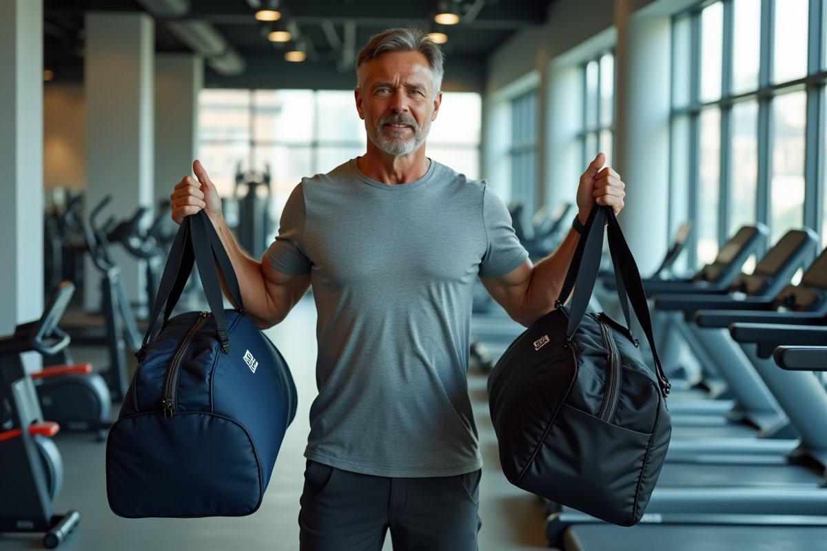 Homme d age moyen choisissant un sac de sport dans salle de sport
