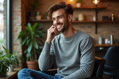 Jeune homme souriant avec cheveux auburn dans un salon moderne