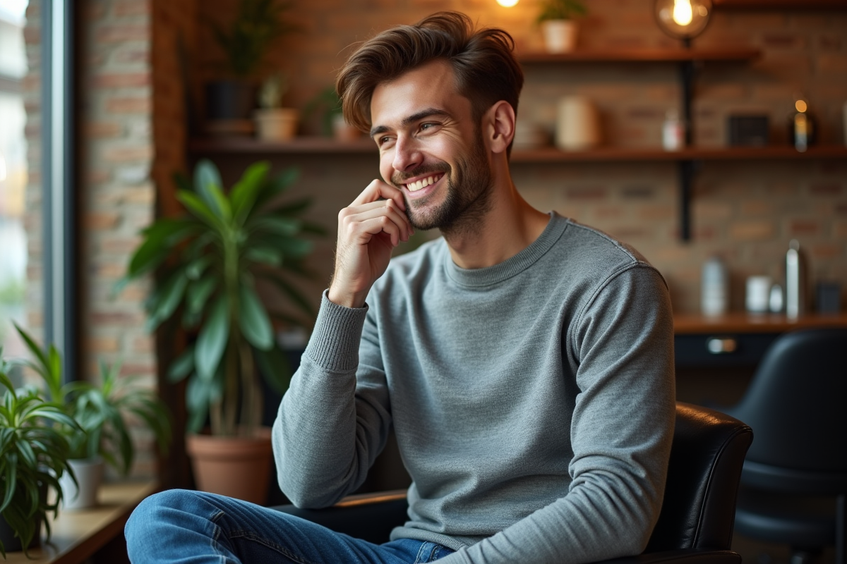 Jeune homme souriant avec cheveux auburn dans un salon moderne