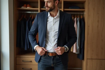 Homme élégant ajustant sa ceinture en dressing moderne