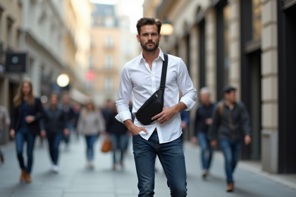 Homme élégant ajustant un sac banane noir en ville