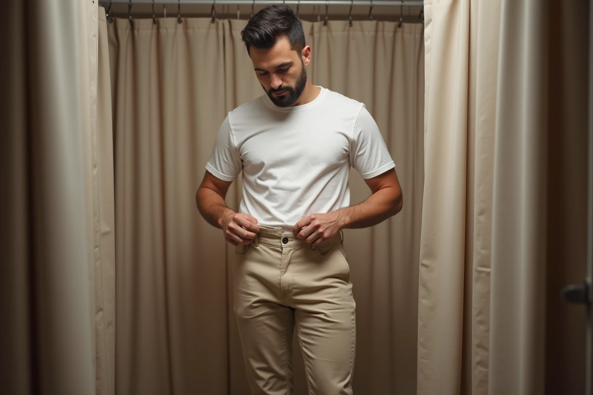 Homme vérifiant les mesures d'un pantalon taille 30 dans une cabine d'essayage