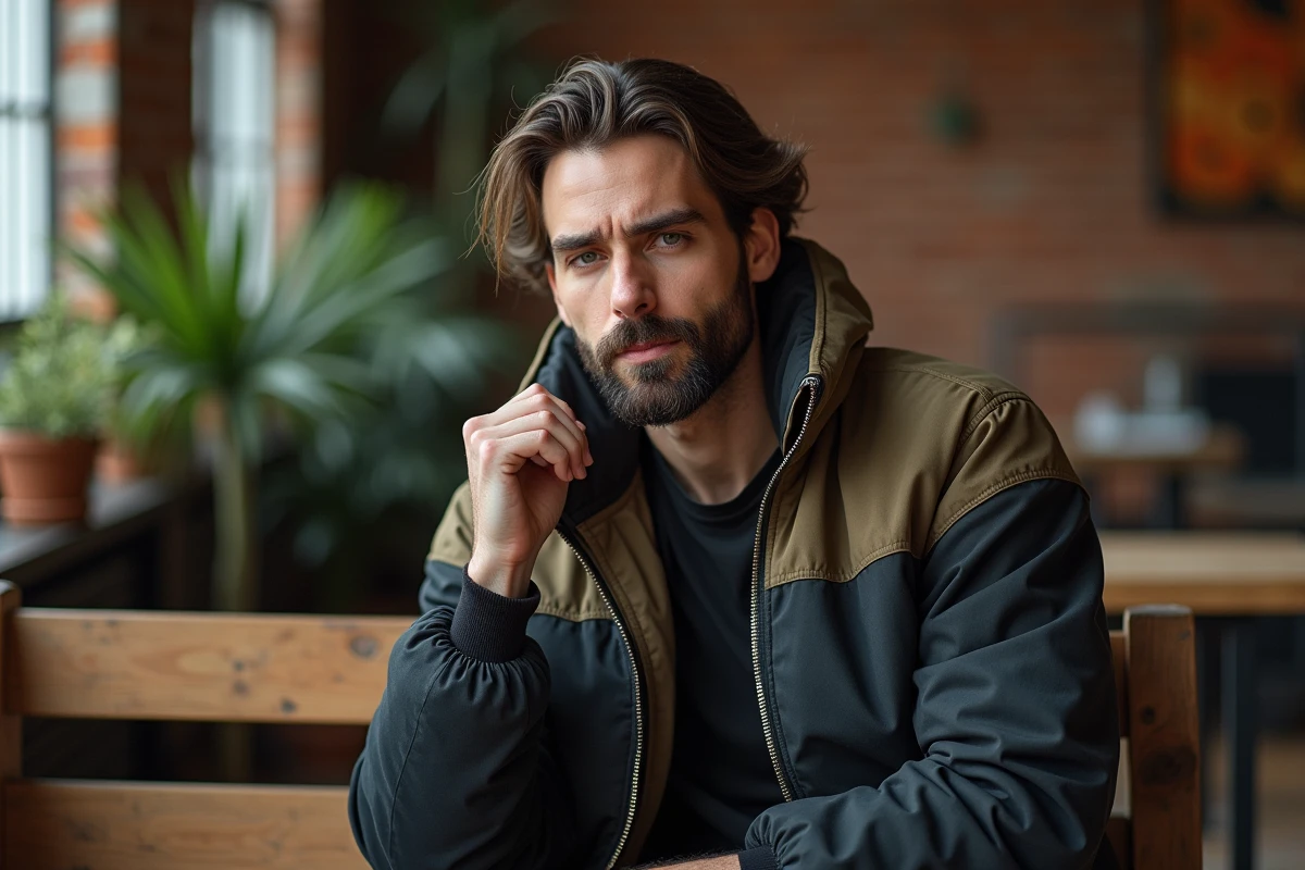 Homme barbu en veste streetwear dans un intérieur industriel