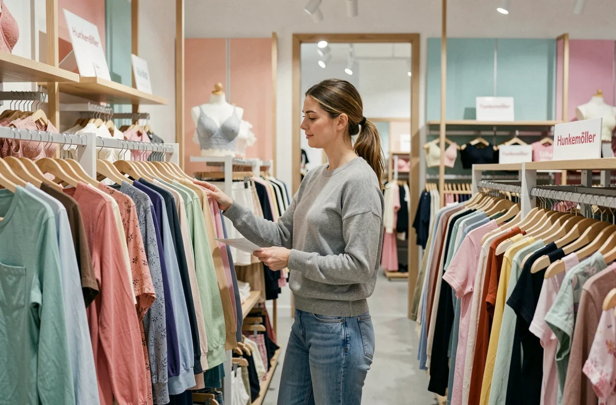 Femme feuilletant des sets homewear dans le magasin Hunkemöller à Fayet