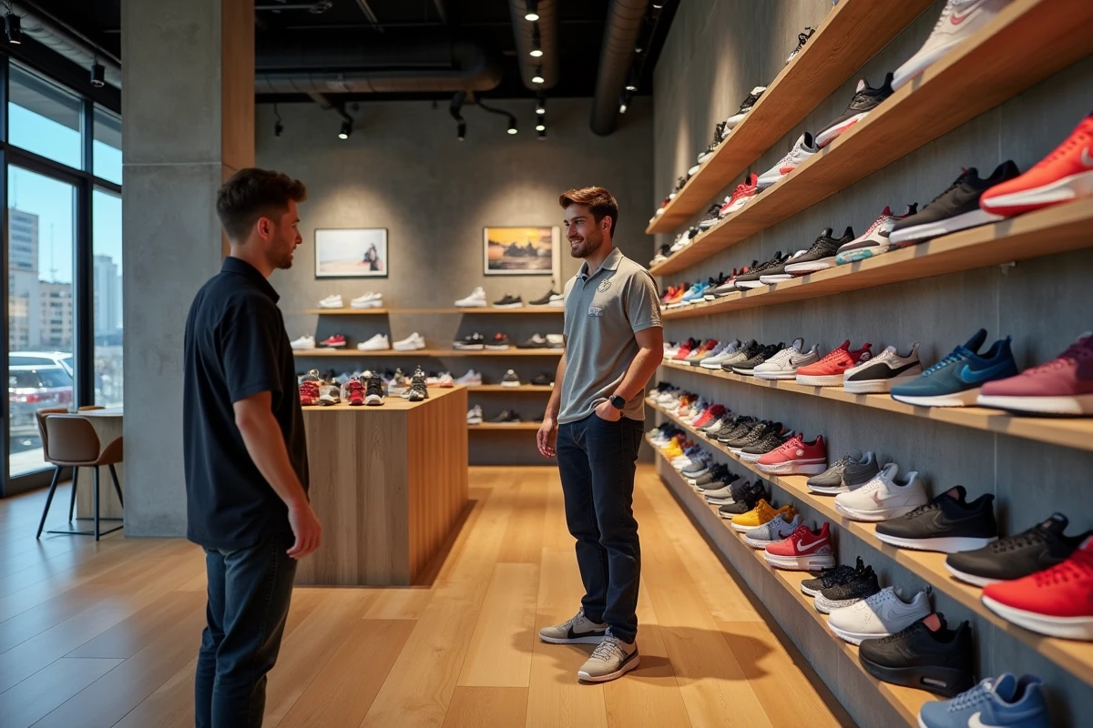 Intérieur d'une boutique de sneakers spécialisée Nike Air Max à Nantes avec présentoir mural et conseiller vendeur assistant un client