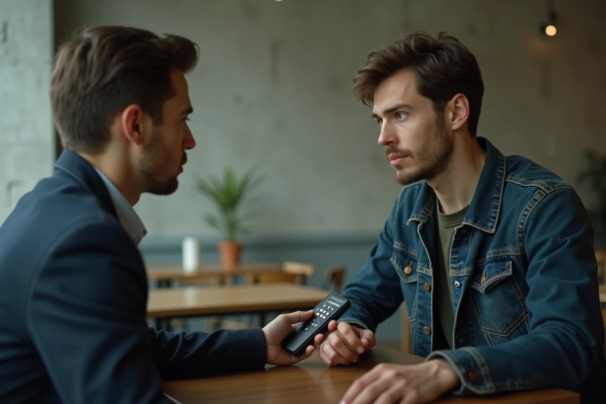 Interview d'un rappeur en café minimaliste, micro tendu vers un interlocuteur au visage partiellement caché