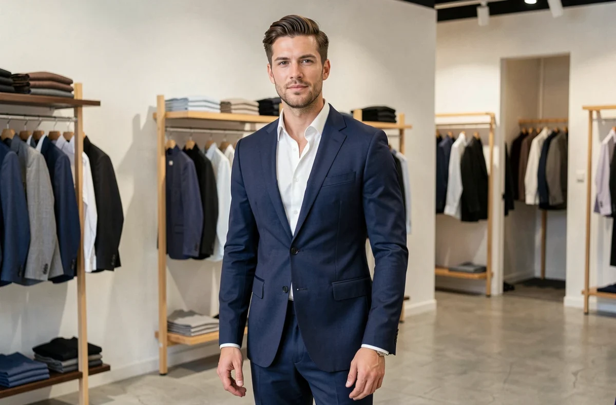 Homme en costume slim bleu marine dans la boutique Izac Lille spécialisée en prêt-à-porter masculin