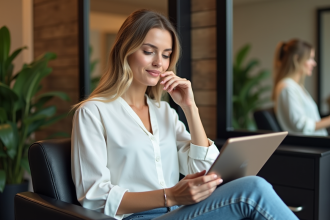 Jeune femme en salon regardant une tablette de coiffure