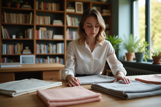 Jeune femme triant des échantillons de tissus sur une table en bois