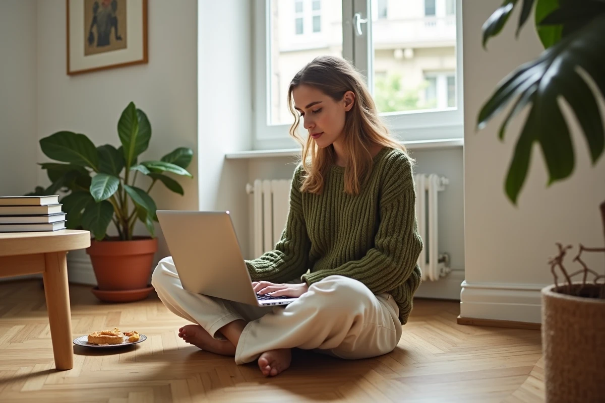 Jeune femme française travaillant sur son ordinateur portable assise par terre dans un appartement parisien chaleureux