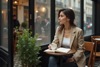 Jeune femme française en blazer beige dans un café parisien, carnet ouvert sur la table, regard pensif vers la fenêtre