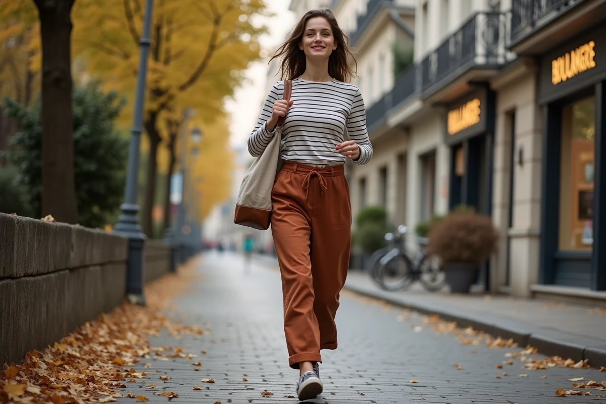 Jeune Française en marinière rayée marchant sur un trottoir parisien en automne avec un tote bag en toile