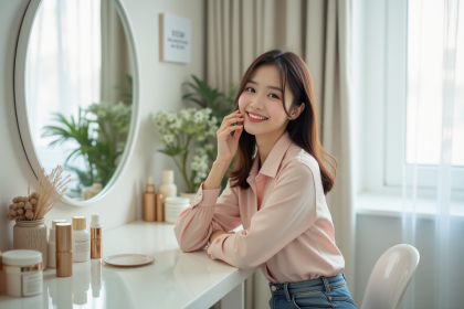 Jeune femme koreenne souriante et élégante en intérieur