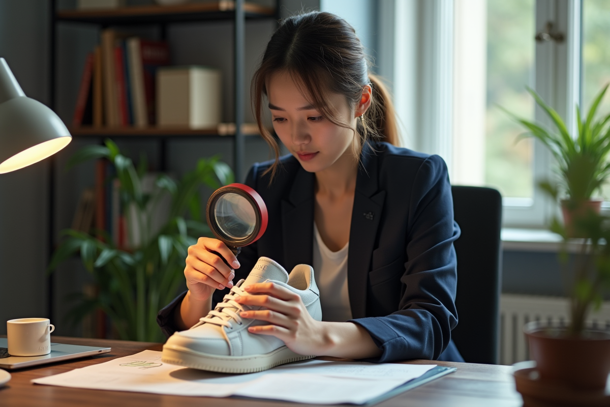 Jeune femme inspectant des sneakers avec une loupe dans un bureau