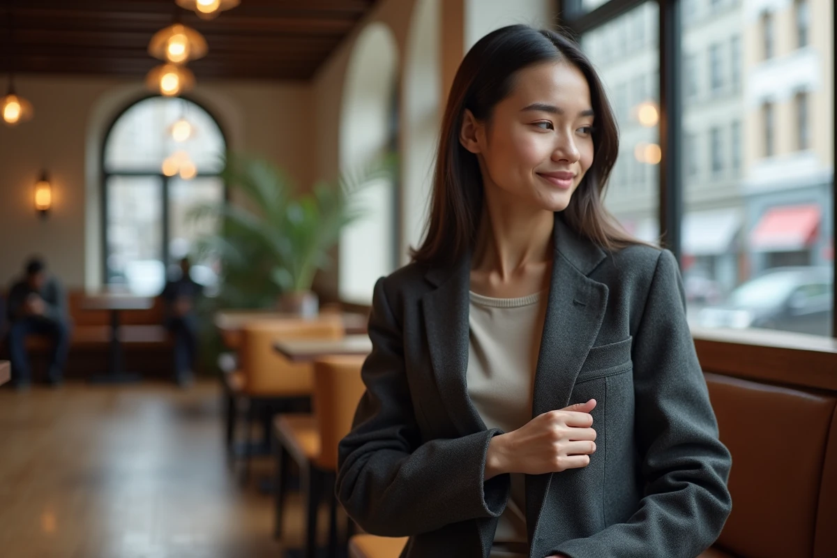 Jeune femme dans un café avec manteau long