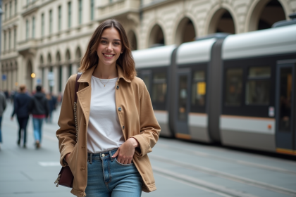 Jeune femme modèle souriante en ville belge avec portfolio