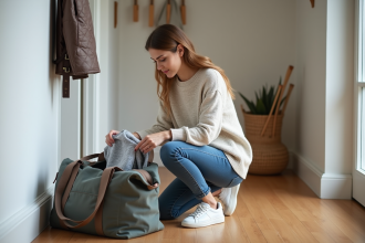 Jeune femme plie une chemise dans son sac de weekend à l'entrée d'un appartement lumineux