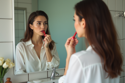 Jeune femme appliquant rouge à lèvres dans la salle de bain