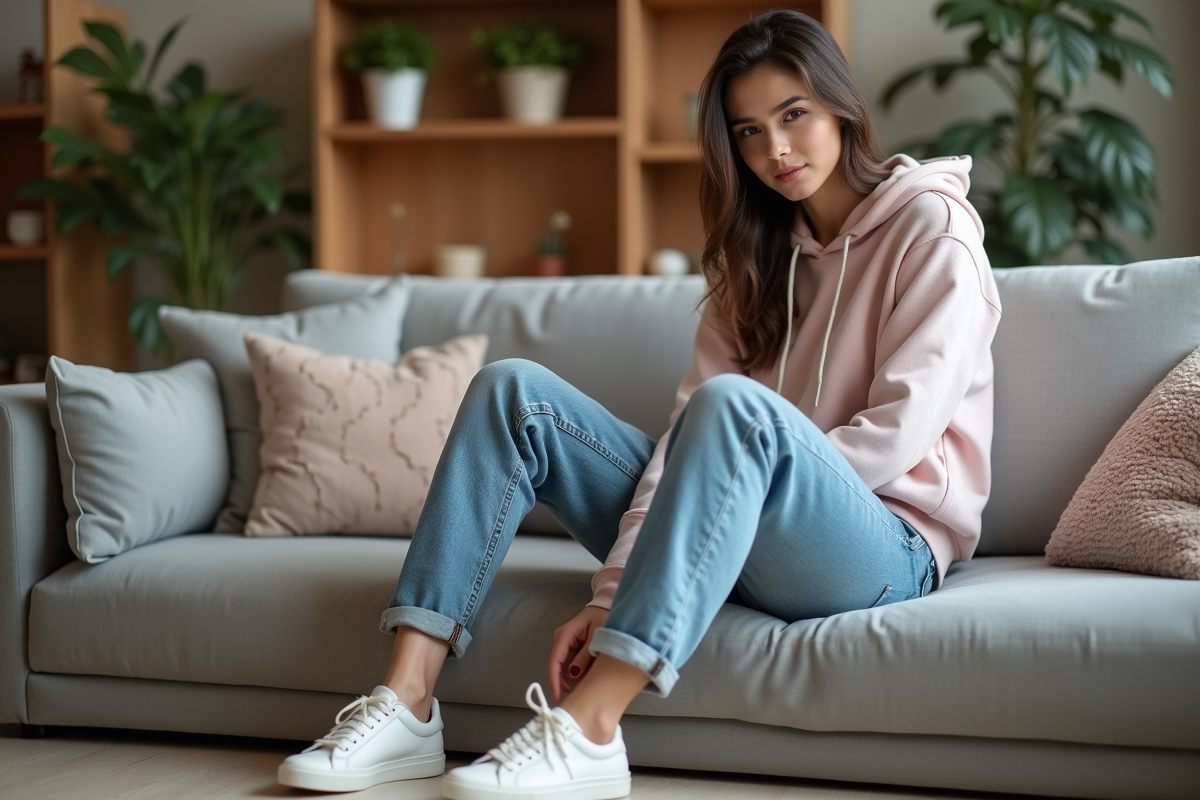 Jeune femme en jeans et hoodie pastel lace up sneakers