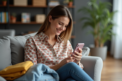 Jeune femme souriante utilisant son smartphone avec l'application Vinted