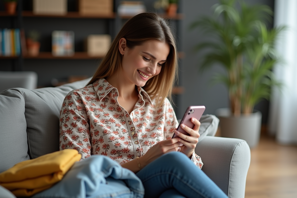 Jeune femme souriante utilisant son smartphone avec l'application Vinted