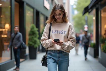 Jeune femme moderne dans la ville avec smartphone