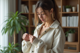 Jeune femme regardant une étiquette de vêtement dans un appartement moderne