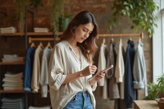 Jeune femme examine une étiquette de vêtement dans une boutique écologique