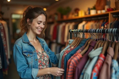 Jeune femme souriante en vintage à Lille dans une boutique