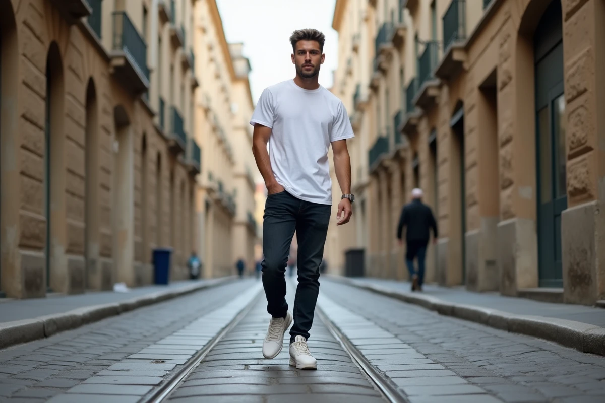 Jeune homme portant des Nike Air Max dans une rue pavée du centre-ville de Nantes, style urbain décontracté avec façades en pierre en arrière-plan
