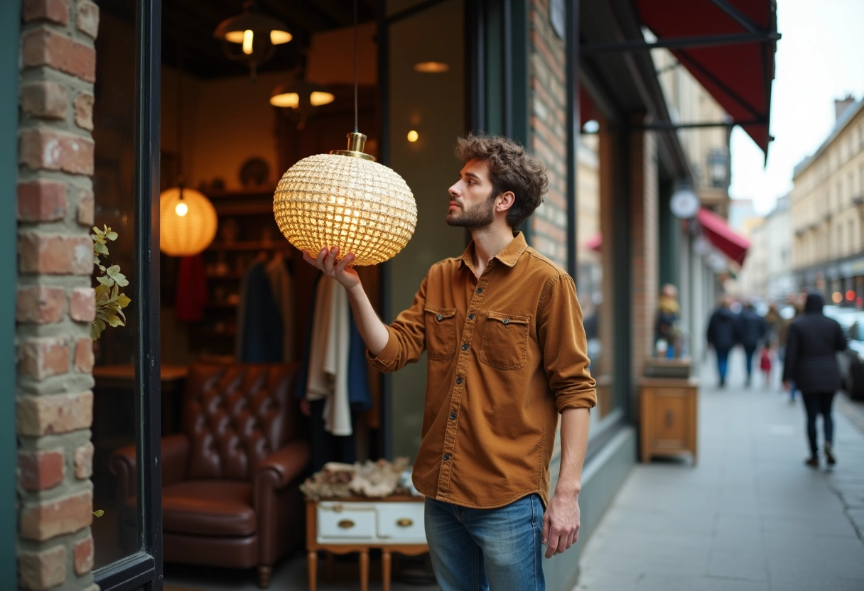Jeune homme tient une lampe vintage devant une boutique de seconde main