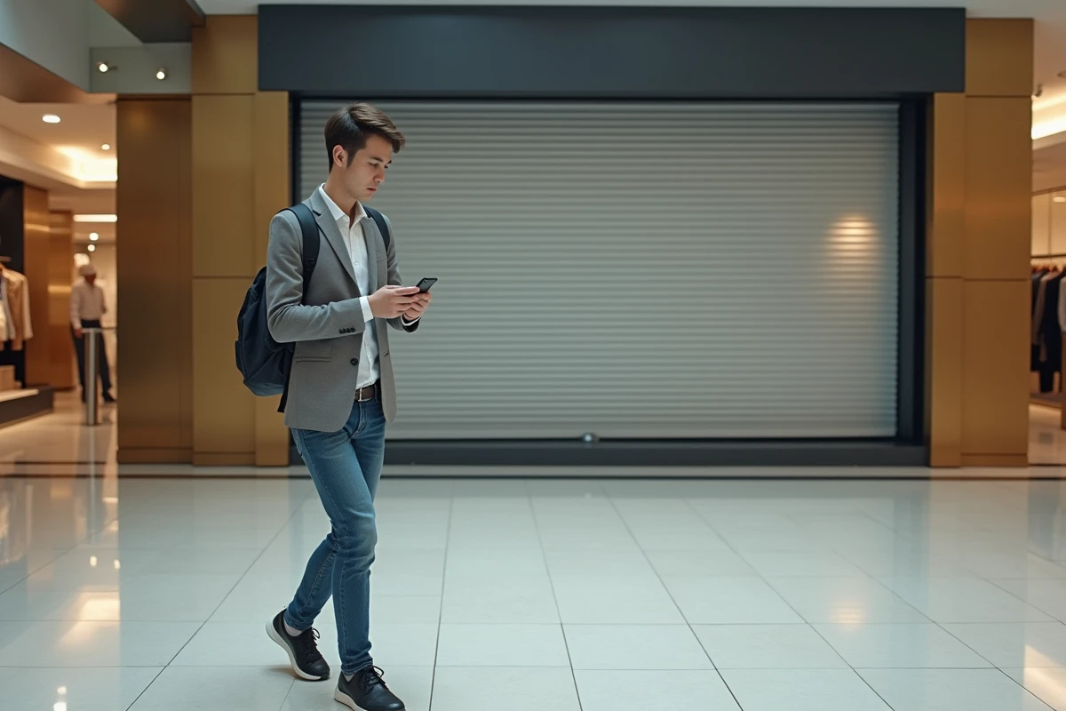 Jeune homme marche dans un centre commercial vide avec son téléphone