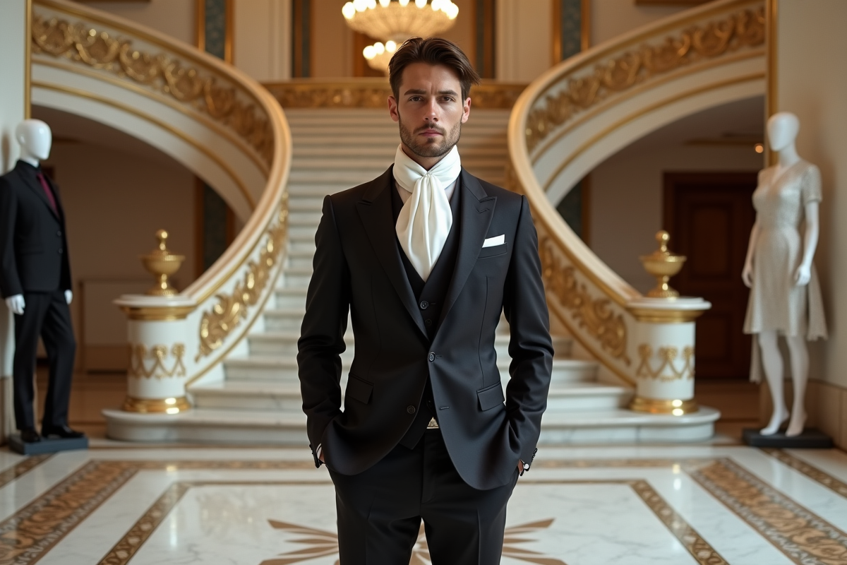 Jeune homme en costume devant un escalier en marbre
