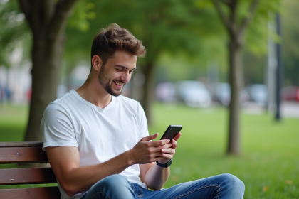 Jeune homme en jean blanc assis sur un banc dans un parc urbain