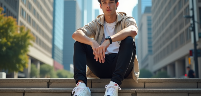 Jeune homme en Nike Air Force 1 en ville en journée