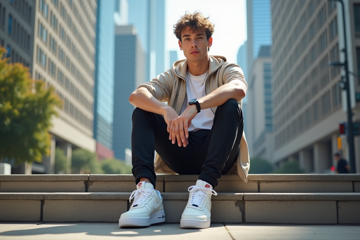 Jeune homme en Nike Air Force 1 en ville en journée