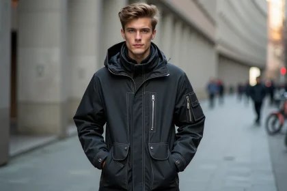 Jeune homme en streetwear dans un décor urbain moderne