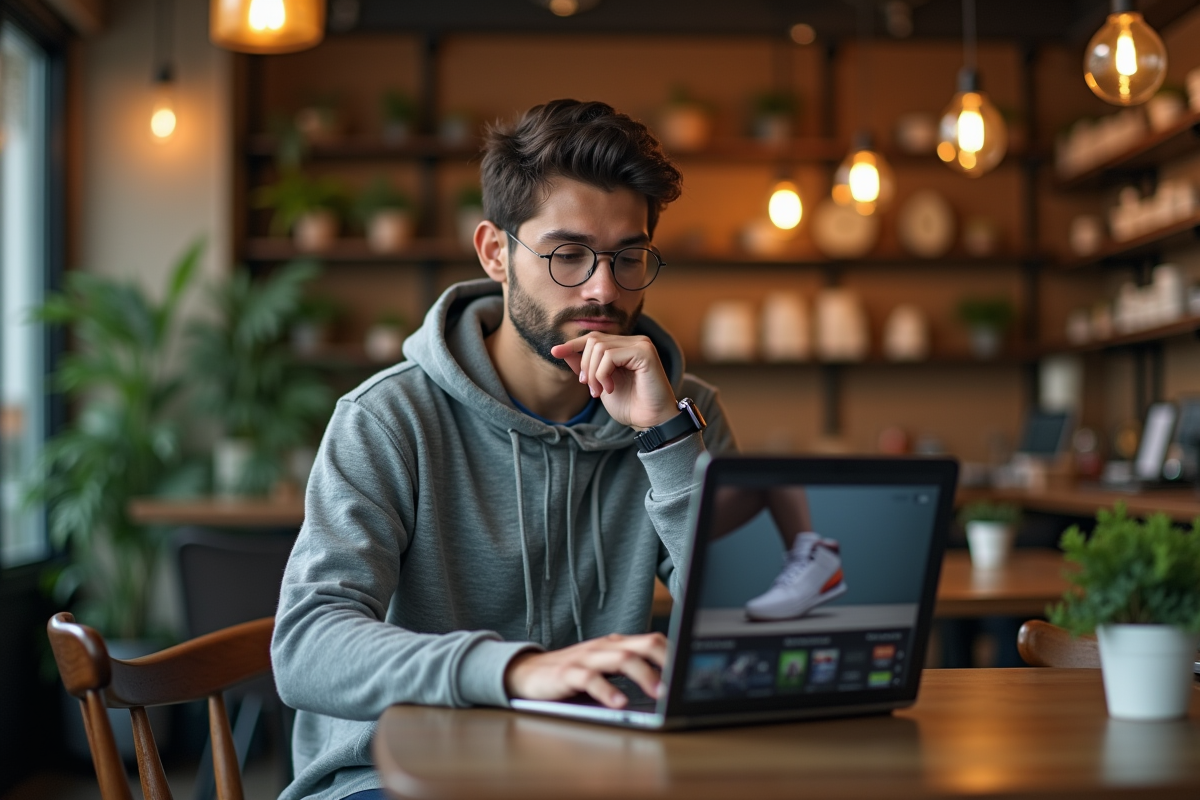 Jeune homme pensif utilisant un ordinateur dans un café urbain