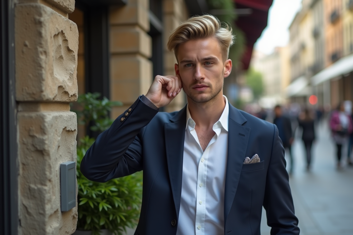 Jeune homme ajustant ses cheveux blonds en ville