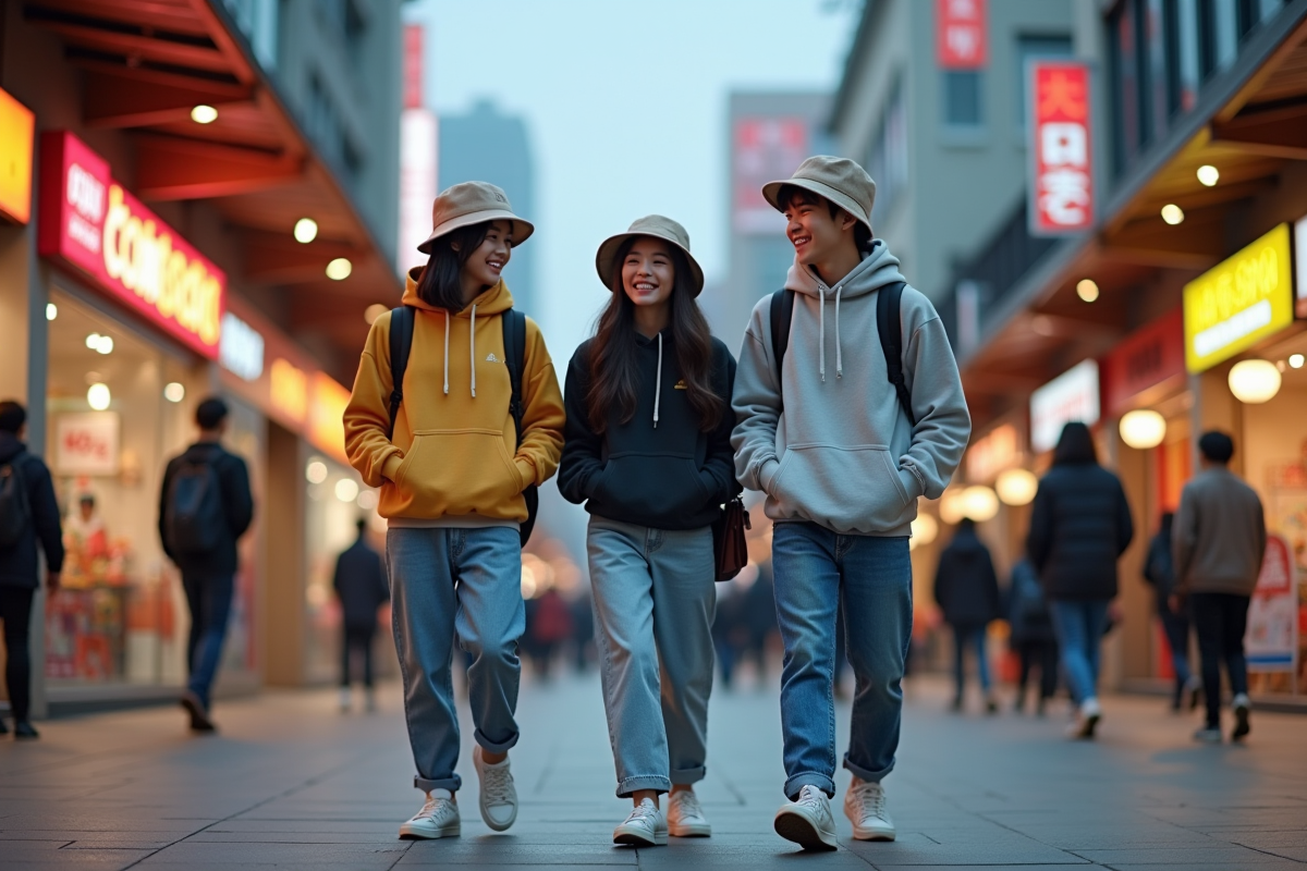 Trois adolescents koreens discutant dans une rue animée