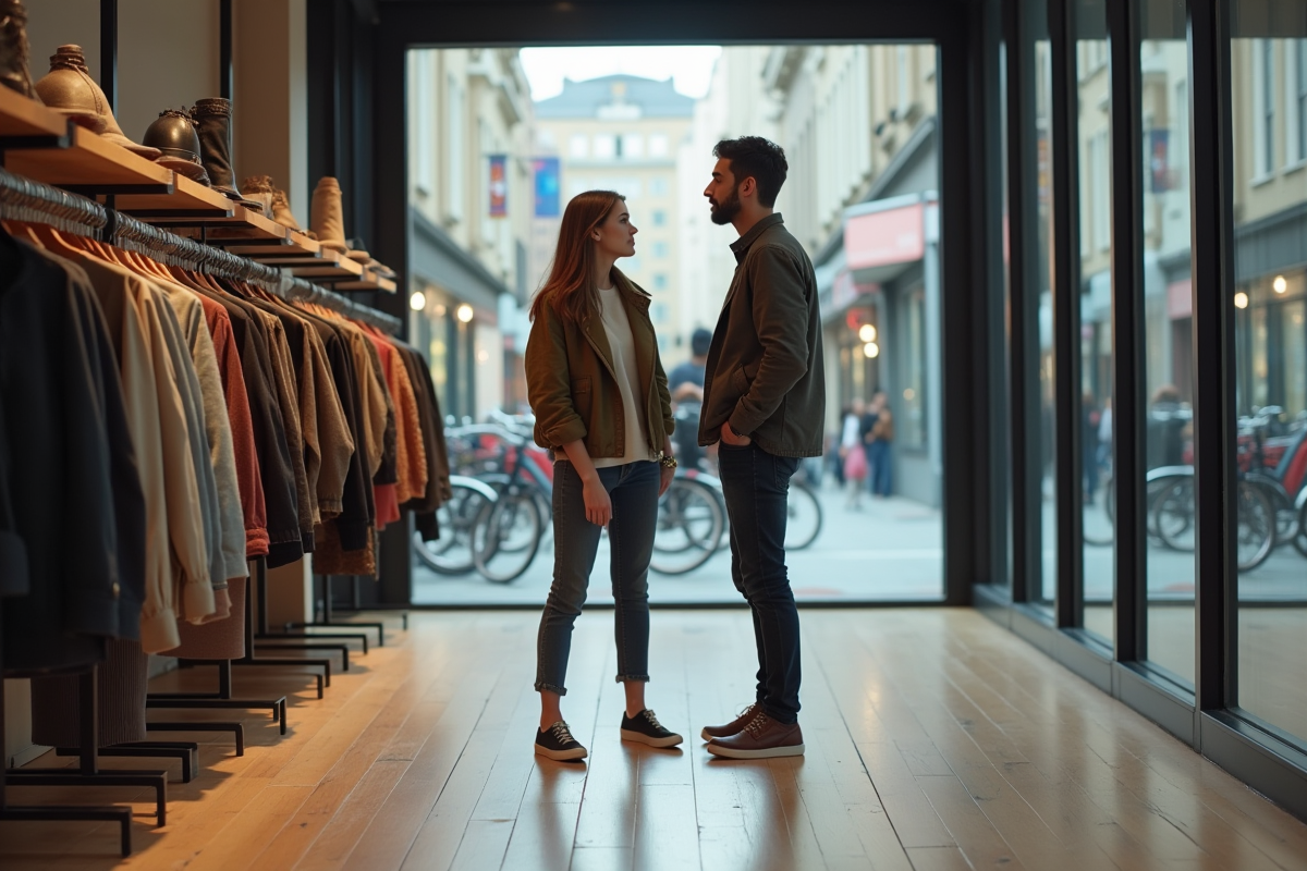 Deux jeunes professionnels dans un magasin de mode vide