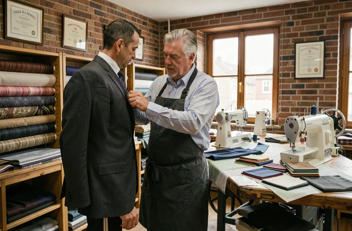 Tailleur expérimenté de la maison Jouvion travaillant sur un costume sur mesure dans la métropole lilloise