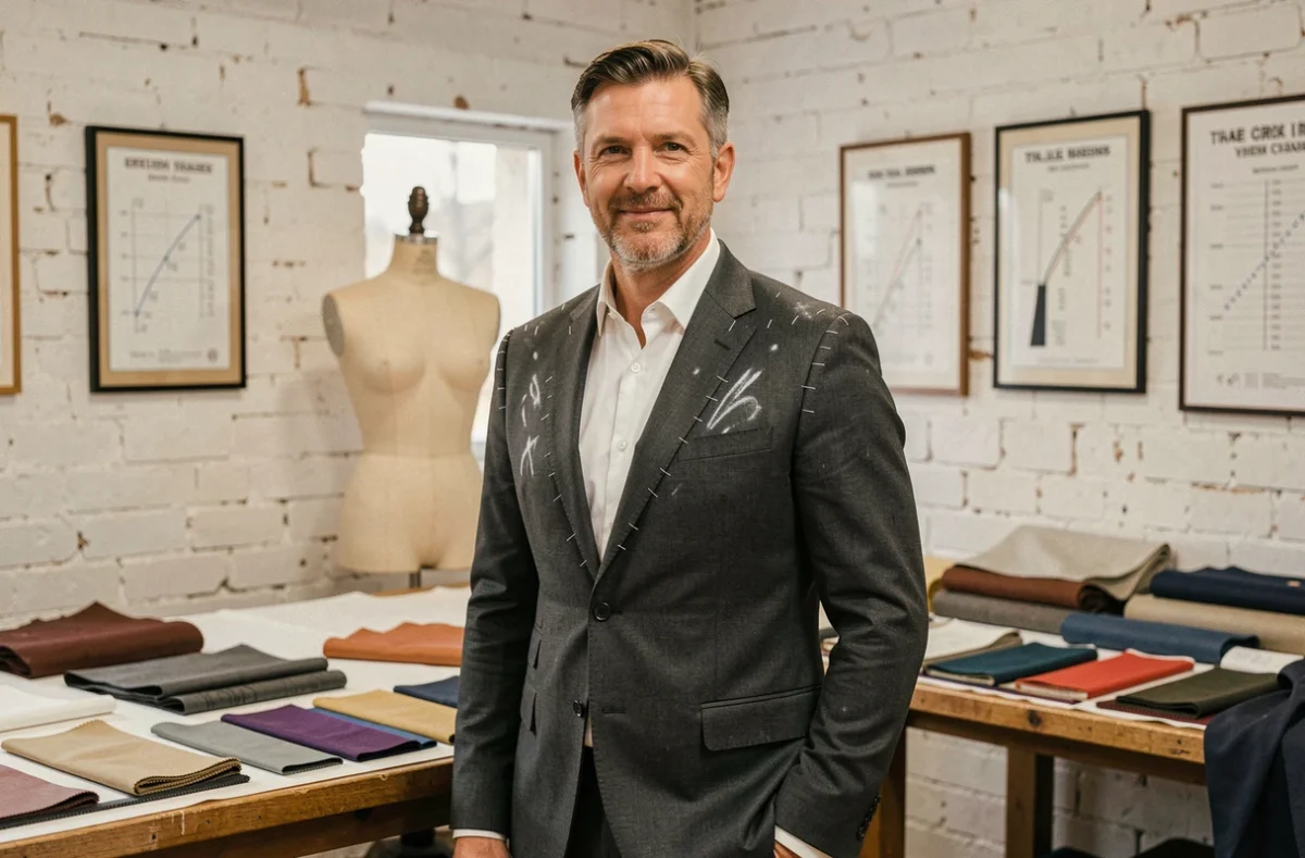 Homme en costume sur mesure en cours de confection dans l'atelier Keitel à Lille