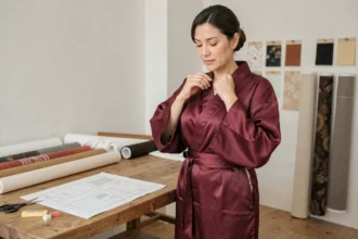 Femme portant un kimono en satin bordeaux fait maison dans un atelier de couture avec patron de couture sur table en bois