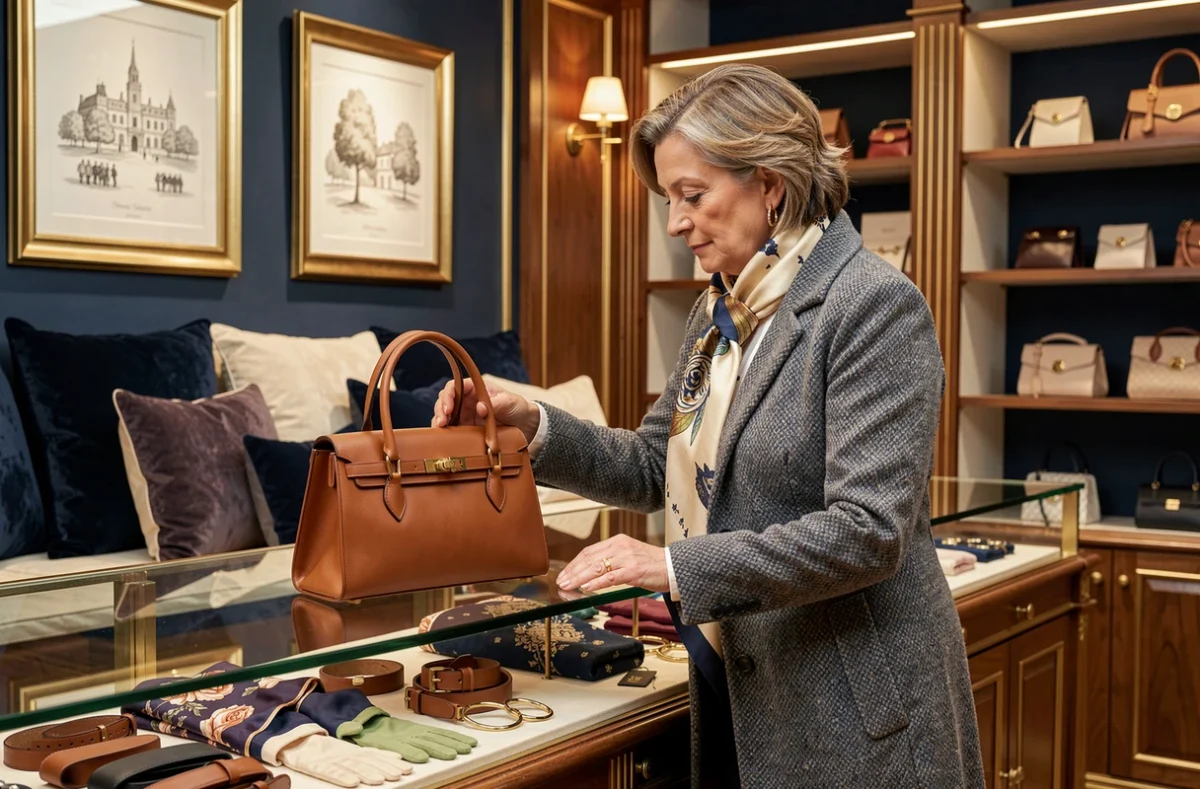 Boutique Le Véritable Cherbourg, femme élégante examinant un sac en cuir parmi des accessoires féminins soigneusement exposés
