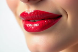 Lèvres d'une femme avec rouge à lèvres Maybelline lumineux