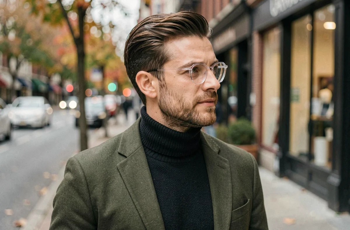 Homme en lunettes hexagonales transparentes et veste olive marchant dans une rue en automne, look créatif et contemporain