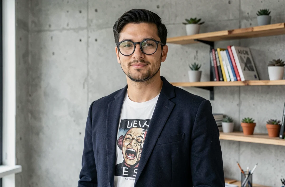 Homme créatif en lunettes rondes métalliques noires dans un studio moderne avec mur en béton